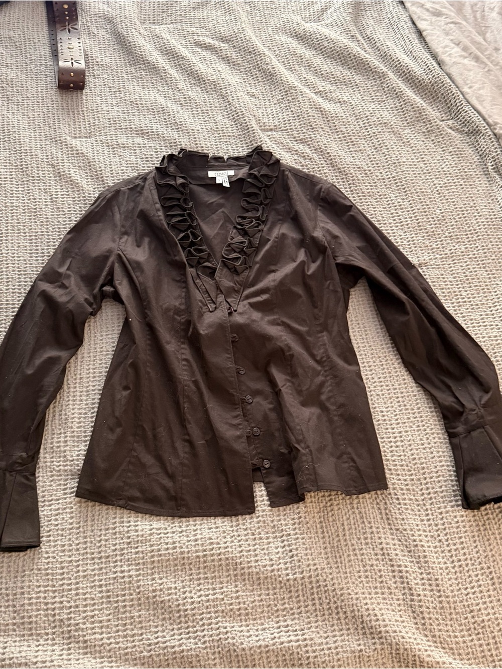 ravel Black Ruffle V‑Neck Button Down Blouse